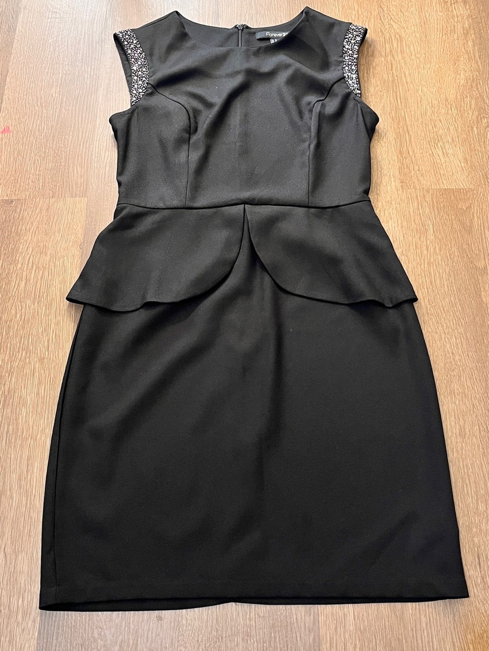 Forever 21 Black Peplum Dress with Beaded Cap Sleeves (M)
